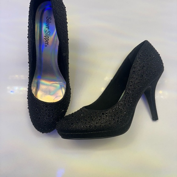 silver slippers Shoes - Elegant Black Stiletto Heels with Glitter Finish